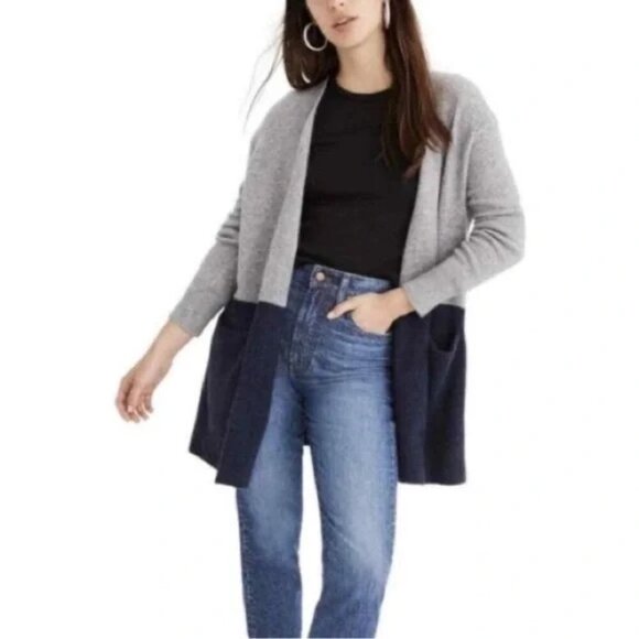 Madewell Ryder Gray & Navy Colorblock Alpaca Merino Wool Blend Cardigan Sweater - Picture 6 of 6